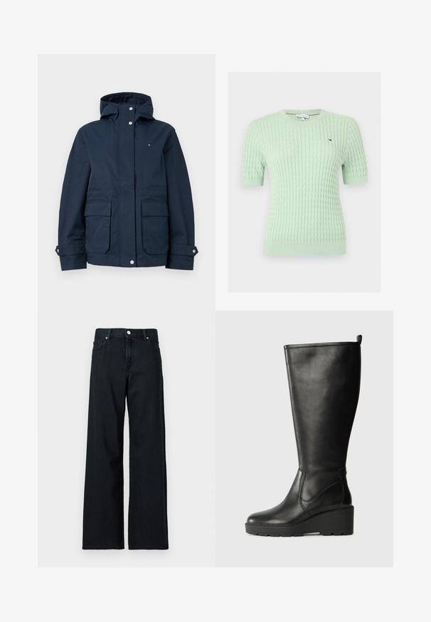 Marineblauwe capuchonjack met drukknoopsluiting aan de voorkant, twee klepzakken, verstelbare manchetten en een klein logo op de borst.; Lichtgroene kabelgebreide trui met korte mouwen, geribde boorden en zoom, ronde hals en klein Tommy Hilfiger-logo op de borst.; Wijde spijkerbroek van donkerdenim, met een knoopsluiting, vijf zakken en zichtbare stiksels. Het materiaal lijkt stevig met een gladde textuur.; Zwarte leren kniehoge laars met een wigzool, gladde textuur, naadloos ontwerp en een klein aantreklusje bovenaan voor makkelijk aan- en uittrekken.