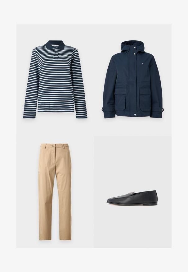 Veste à capuche bleu marine avec fermeture à boutons-pression à l'avant, deux poches à rabat, poignets ajustables et petit logo sur la poitrine.; Polo à manches longues à rayures bleu marine et blanches, en coton, avec un col boutonné et un petit logo sur la poitrine.; Chinos beiges à texture lisse, coupe droite, taille avec fermeture à bouton et poches avant. Design minimaliste, sans motifs visibles.; Mocassins en cuir noir à texture lisse, bout arrondi et détails de couture subtils. Ils présentent un accent logo doré sur le côté supérieur.