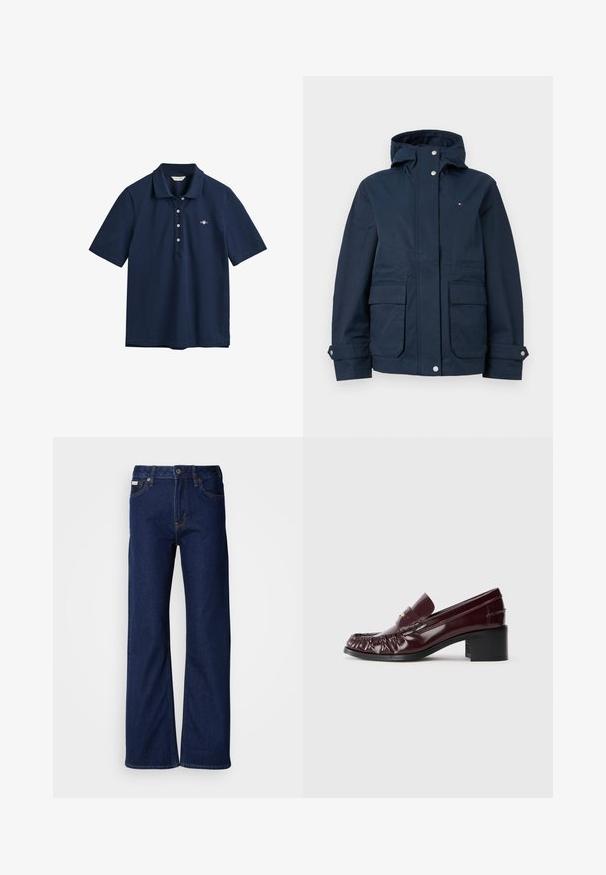 Veste à capuche bleu marine avec fermeture à boutons-pression à l'avant, deux poches à rabat, poignets ajustables et petit logo sur la poitrine.; Polo bleu marine en coton, avec un col classique, une patte de boutonnage à trois boutons et un petit logo brodé sur la poitrine.; Jeans en denim bleu foncé avec un design à jambes larges, une coupe droite, cinq poches et une fermeture éclair à l'avant. Détails de surpiqûres le long des coutures.; Mocassin en cuir bordeaux avec un bout arrondi, texture plissée à l'avant et un petit talon carré noir. Accent doré sur le dessus.