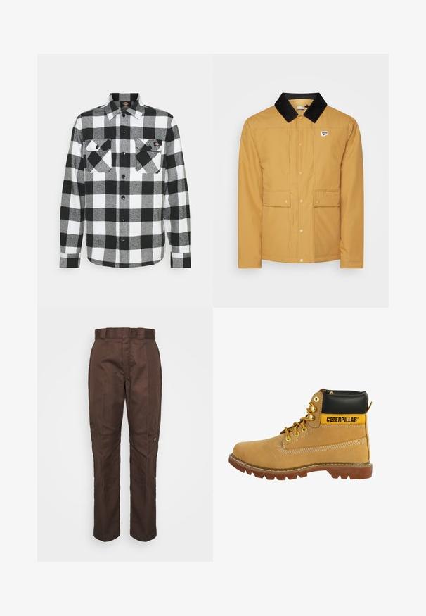 Geel, waterdichte jas met een zwarte corduroy kraag, zichtbare drukknoopsluitingen en twee voorzakken. Bevat een klein Puma-logo.; Zwart-witte flanellen blouse met een geruit patroon, voorzien van twee borstzakken, knoopsluiting en een kraag. Zachte, gestructureerde stof.; Bruine, recht lopende broek met een gladde textuur. Heeft een riemlus, zijnaad en een klein merklogo op het linkerbeen.; Bruine leren laars met een zwarte kraag, gele accenten, gouden veterogen en een robuuste zool. Heeft een zijnaad en contrasterende stikseldetails.