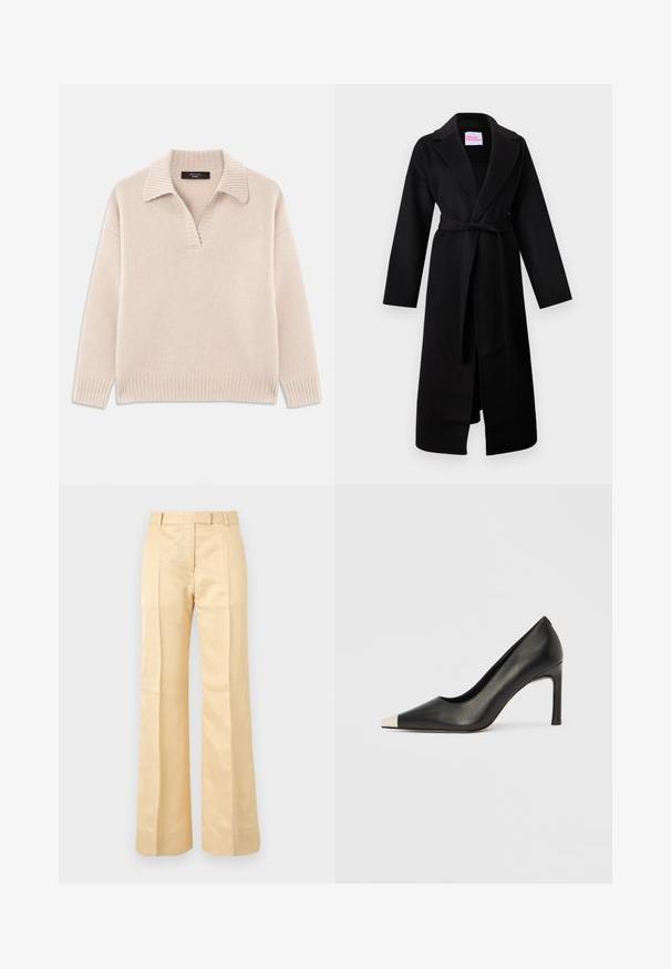 Sort uldfrakke med sjalkrave, lange ærmer, bindebælte i taljen og sidelommer. Har et minimalistisk design og en glat tekstur.; Beige strikket sweater med V-udskæring og ribbet krave. Har lange ærmer og ribbet kant. Blød tekstur.; Beige bukser med høj talje, lige ben, bæltestropper og forreste pressfolder mod en ensfarvet baggrund.; Sort læder højhælet sko med spids tå og metal-sølv hætte. Har en glat finish og en slank hæl på 10 cm.