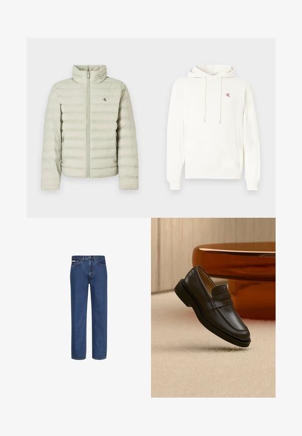 Hellgraue Steppjacke mit hohem Kragen, horizontalen Steppnähten, einem Frontreißverschluss und einem kleinen Logo auf der Brust.; Weißer Hoodie aus Baumwollmischung mit Kängurutasche, Kapuze mit Kordelzug und kleinem roten CK-Logo auf der Brust.; Blaue Jeans mit geradem Bein aus Denim, mit fünf Taschen, einem Knopf- und Reißverschluss sowie dezenter Verblassung am Stoff.; Schwarzer Lederloafer, der über einem beigen Teppich mit braunen, abgerundeten Möbeln im Hintergrund schwebt.