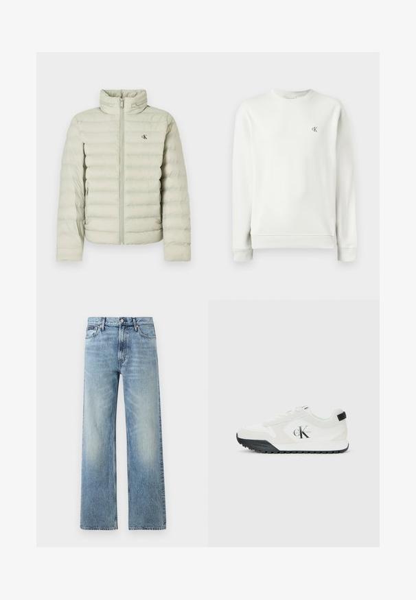 Doudoune gris clair avec col montant, coutures horizontales, fermeture éclair devant, et petit logo sur la poitrine.; Sweatshirt gris clair à col rond en tissu lisse, avec des poignets et un ourlet côtelés, arborant un petit logo brodé sur la poitrine.; Jean droit en denim bleu clair avec taille haute, cinq poches, fermeture à boutons et léger délavage sur les cuisses et les genoux.; Baskets blanches Calvin Klein avec semelle noire, panneaux en daim et en maille, logo CK sur le côté, et marque Calvin Klein sur le talon et la semelle.