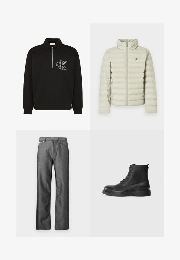 Lysegrå pufferjakke med høj krave, prydet med vandrette syninger, lynlås foran og et lille logo på brystet.; Sort langærmet pullover med krave, halvlukning foran med lynlås og hvidt broderet "cK" logo på venstre bryst.; Grå denimjeans med lige ben, fem lommer samt metal knapper og nitter. Har en diskret tekstur.; Sort ankelstøvle lavet af struktureret læder med rund tå, snørelukning og en robust sort gummisål. Har en løkke ved hælen.