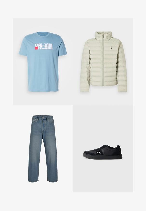 Lysegrå pufferjakke med høj krave, prydet med vandrette syninger, lynlås foran og et lille logo på brystet.; Lyseblå bomulds T-shirt med et fremtrædende grafisk logo i hvid og rød, med klassisk rund hals og korte ærmer.; Lyseblå denimjeans med en afslappet pasform, høj talje og lige ben. Har forreste lommer og knaplukning.; Sort lavtop sneakers med snøre-design, suède-detaljer og hvid "cK" logo på siden, sat mod en ensfarvet lys grå baggrund.
