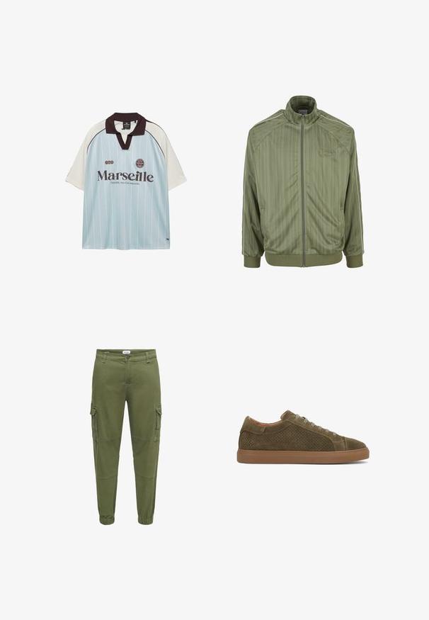 Veste de survêtement verte zippée intégralement avec des rayures verticales, col montant, poignets et ourlet côtelés, et un passepoil blanc le long des manches.; Maillot de sport à manches courtes bleu clair et blanc avec col noir, texte "Marseille", épingles et slogan "Ensemble, rien n'est impossible" sur le devant.; Pantalon cargo vert olive en mélange de coton, avec poches latérales, poignets élastiques et détails de couture visibles pour une texture accrue.; Baskets basses en daim vert olive avec côtés perforés, lacets assortis et semelle en caoutchouc marron, vues de profil.
