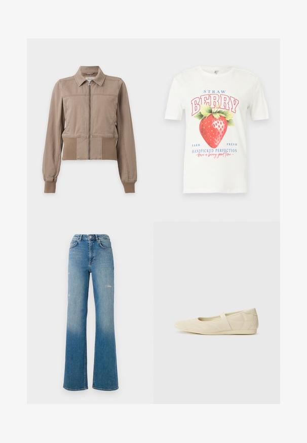 Beige Jacke mit Reißverschluss und Kragen, gerippten Bündchen an Ärmeln und Bund, aus weichem Stoff, auf weißem Hintergrund abgebildet.; Weißes T-Shirt mit kurzen Ärmeln, großem rotem Erdbeer-Print und Texten mit den Worten "STRAW BERRY", "Farm Fresh" und "Handpicked Perfection".; Hochgeschnittene blaue Jeans aus Denim mit leichter Verwendung an den Oberschenkeln, Fünf-Taschen-Stil und ausgestelltem Bein.; Beige Ballerinas aus glattem Leder mit mandelförmiger Zehenpartie und elastischem Riemen über dem Fußrücken, ausgestattet mit dezenten Nähtelementen.