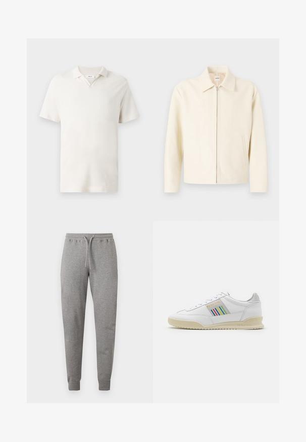 Crème-kleurige jasje met een gestructureerde kraag, voorrits en zijzakken. Gemaakt van een glad materiaal, met een minimalistisch ontwerp.; Korte mouwen polo-shirt in licht crème, met een V-hals, textuurstof en een klassieke pasvorm. Geen zichtbare patronen of accenten.; Grijze joggingbroek met elastische tailleband, trekkoord en boordjes bij de enkels, weergegeven op een witte achtergrond.; Witte leren sneaker met een crèmewitte zool, meerkleurige strepenaccenten aan de zijkant en 'PS Paul Smith' merknaam in het goud.