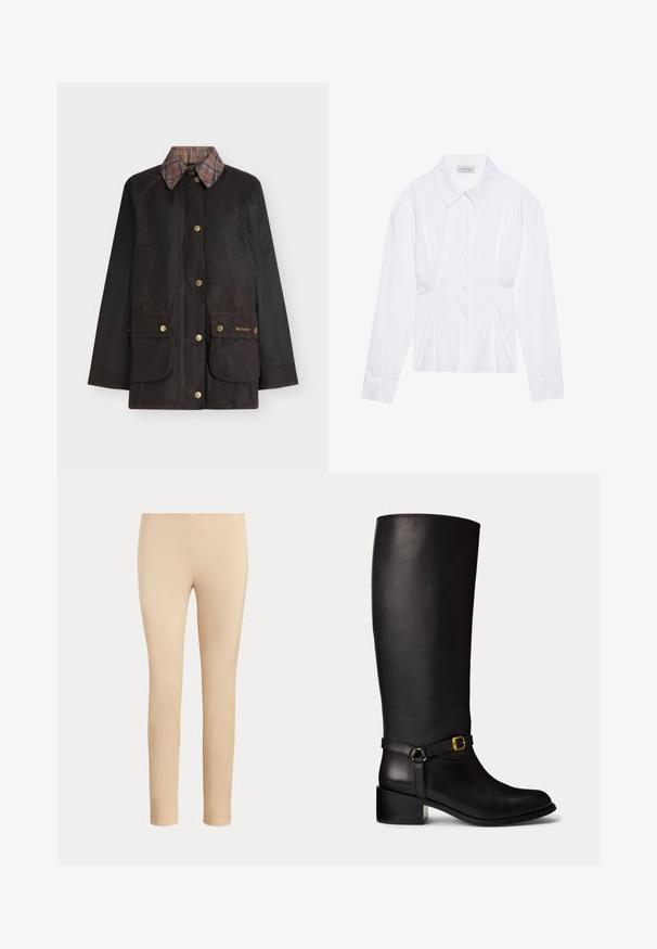 Dunkelbraune gewachste Jacke mit kariertem Kragen, Knopfleiste vorne und zwei großen Druckknopftaschen mit Barbour-Beschriftung auf der unteren Vorderseite.; Weiße Bluse mit langen Ärmeln, klassischem Kragen, vorderer Knopfleiste und gerafftem Seitendetail. Glattes Material mit taillierter Form.; Beige, figurbetonte, knöchellange Hose mit glatter Oberfläche und ohne sichtbare Taschen oder Verzierungen auf einfarbigem Hintergrund.; Hoher schwarzer Lederstiefel mit niedrigem Blockabsatz und dekorativem seitlichem Riemen mit goldener Schnalle, von der Außenseite gezeigt.