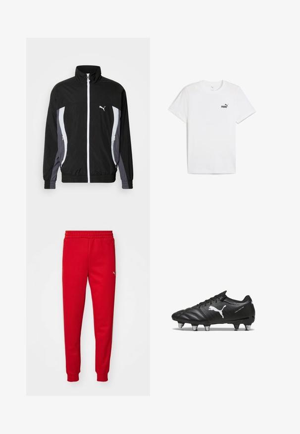 Puma CELLERATOR TRACK JACKET - Suvejakk - black galactic gray; Valge lühikeste varrukatega T-särk pehmest kangast, millel on rinnal väike must Puma logo. Klassikaline ümar kaelaauk, sirge lõige.; Punased spordipüksid, mis on valmistatud pehmest kangast, elastse vöökoha, kitsenevate säärte ja vasakul küljel kuldse logoga. Sile tekstuur.; Mustad mustad sinu jalgpalliklipid musta värvi tekstuuriga materjaliga, valge Puma logo, nööri kinnitusega ja metallist nupud, et tagada haardumine. Disain rõhutab jõudlust ja tuge.