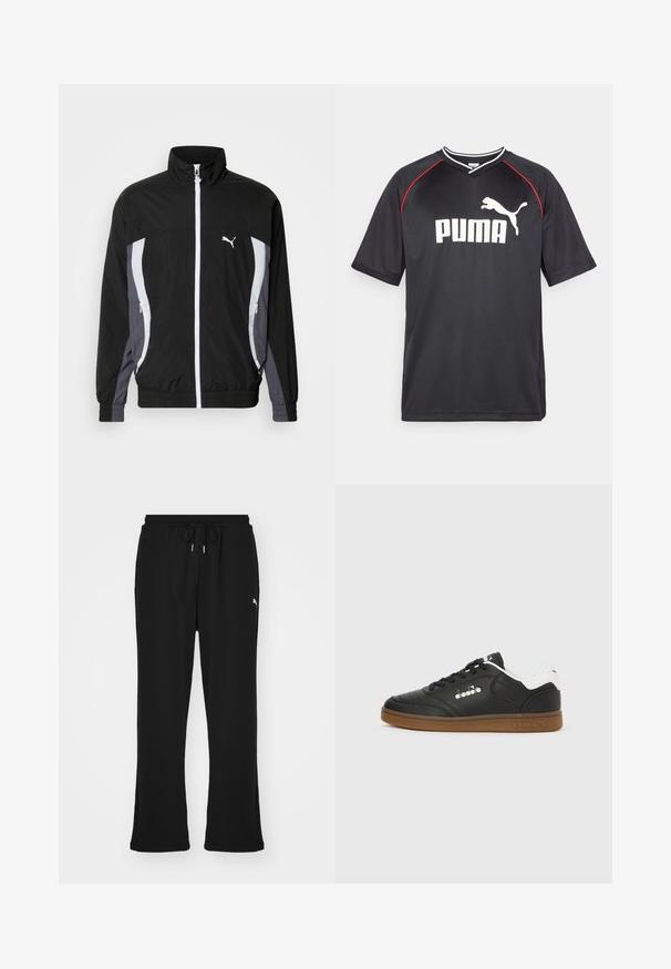 Puma CELLERATOR TRACK JACKET - Let jakke / Sommerjakker - black galactic gray; Sort Puma sportstrøje med korte ærmer, hvidt logo, røde detaljer langs skuldrene og v-udskæring. Fremstillet af letvægtsmateriale.; Sorte sweatpants med elastisk talje og snor, med sidelommer og et diskret logo på venstre ben. Blødt stof, flagrende form.; Sort lædersneakers med hvid hælkappe, gummisål, sorte snørebånd og sølvfarvet Diadora-logo på siden og sålen.
