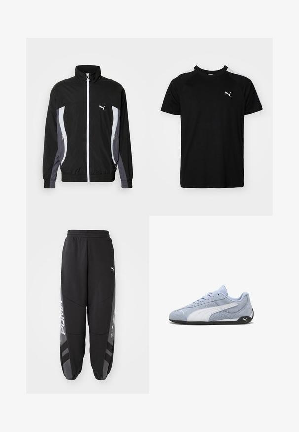 Puma CELLERATOR TRACK JACKET - Lichte jas - black galactic gray; Zwarte t-shirt met korte mouwen, voorzien van witte accenten op de schouders, een ronde halslijn en een klein wit logo op de linkerborst. Zacht materiaal, klassieke pasvorm.; Zwarte joggers van zacht materiaal. Kenmerken zijn een elastische tailleband, taps toelopende pijpen, grijze accenten en witte logo's op de zijkanten.; Lichtblauwe suède sneaker met witte accenten, geperforeerde structuur en zwarte rubberen zool. Voorzien van veters en een logo aan de zijkant.