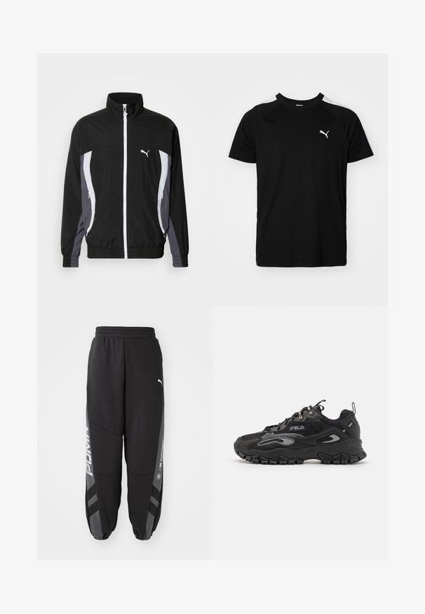 Puma CELLERATOR TRACK JACKET - Let jakke / Sommerjakker - black galactic gray; Sort kortærmet t-shirt med hvide accentstriber på skuldrene, rund halsudskæring og lille hvidt logo på venstre bryst. Blødt stof, klassisk pasform.; Sorte joggebukser lavet af blødt materiale. Har elastisk talje, tapered ben, grå detaljer og hvide logoer på siderne.; Sort sneaker med en overdel i mesh og syntetisk materiale, gummisål, afrundet tå og refleksdetaljer på siderne og snørebåndene.