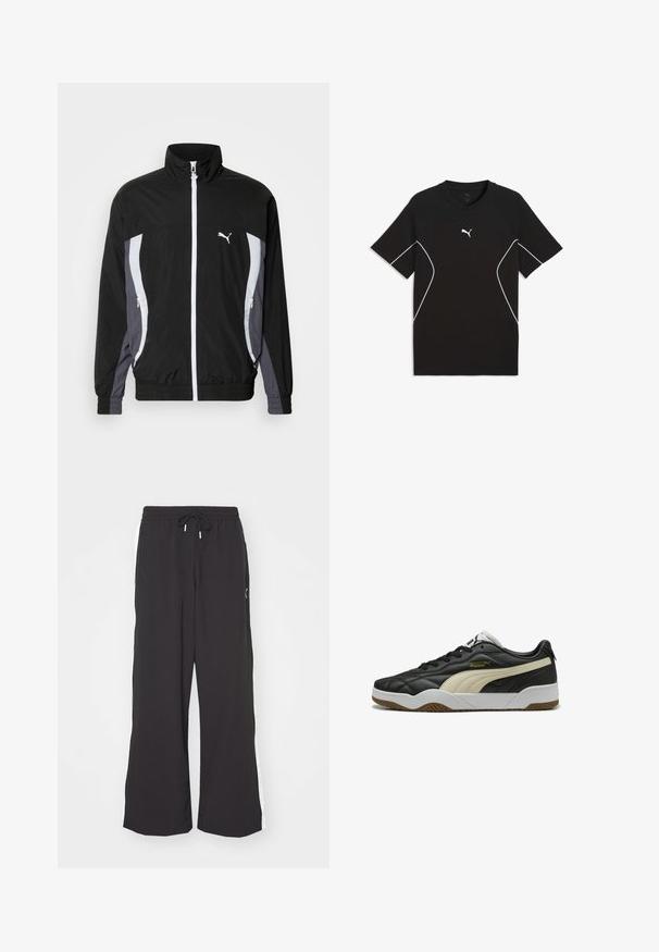 Puma CELLERATOR TRACK JACKET - Suvejakk - black galactic gray; Must sportlik T-särk valgete detailidega, ümar kaelusega, lühikeste varrukatega ja siledast kangast. Rinnal on Puma logo.; Mustad lai jalad, millega on elastsusvöö ja pael. Funktsioonid valged külgtriibud ja kaks külgtaskut. Sile tekstuur.; Must mustad sneakers koos kreemjate triipudega, kummist tald ja valged detailid. Omab tekstureeritud pinda ja paeltega sulgemist.