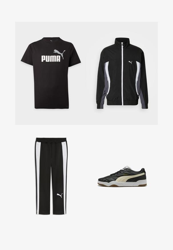 Puma CELLERATOR TRACK JACKET - Veste légère - black galactic gray; T-shirt noir à manches courtes Puma avec logo texte Puma blanc et graphisme d'un puma sautant au centre avant.; Pantalon de survêtement noir avec bandes blanches sur les côtés, taille élastique, poches latérales zippées, et logo Puma blanc sur la jambe gauche.; Baskets en cuir noir avec une bande crème, semelle en caoutchouc et accents blancs. Présente une surface texturée et un design à lacets.