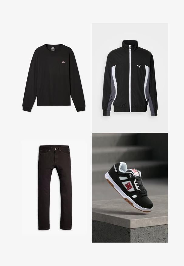 Puma CELLERATOR TRACK JACKET - Leichte Jacke - black galactic gray; Schwarzes Langarm-T-Shirt aus Baumwolle mit kleinem, mehrfarbigem Dickies-Logo auf der linken Brustseite und gerippten Bündchen.; Schwarze schmal geschnittene Jeans mit fünf Taschen und Knopfschluss, flach auf einem weißen Hintergrund präsentiert.; Schwarz-weißer DC-Skateschuh mit rotem Logo, Gummisohle und schwarzen Schnürsenkeln, der über einer Betonkante im weichen Licht schwebt.