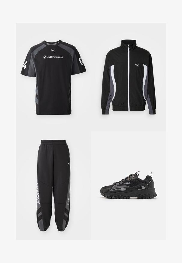 Puma CELLERATOR TRACK JACKET - Letná bunda - black galactic gray; Čierne tričko s sivými akcentmi, krátkymi rukávmi, okrúhlym výstrihom, so znakmi BMW a Puma a číslom '4' na rukáve.; Čierne jogger nohavice vyrobené z mäkkého materiálu. Majú elastický pás, zúžené nohy, sivé akcenty a biele logá po stranách.; Čierne tenisky s vrchnou časťou z máčanej a syntetickej látky, gumovou podrážkou, zaoblenou špičkou a reflexnými akcentmi na stranách a šnúrkach.