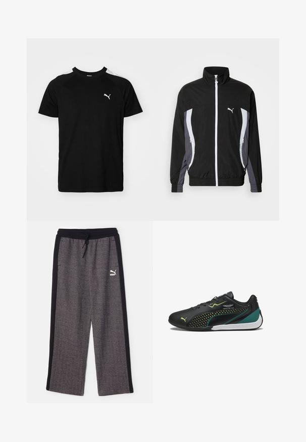 Puma CELLERATOR TRACK JACKET - Lichte jas - black galactic gray; Zwarte t-shirt met korte mouwen, voorzien van witte accenten op de schouders, een ronde halslijn en een klein wit logo op de linkerborst. Zacht materiaal, klassieke pasvorm.; Puma RELAXED TRACK PANTS - Trainingsbroek - black/alpine snow; Zwarte lage sportschoen met groene accenten, Puma-logo, Aston Martin Formula One Team-branding en witte zool.