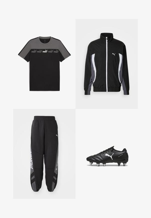 Puma CELLERATOR TRACK JACKET - Leichte Jacke - black galactic gray; Schwarz-graues T-Shirt mit kurzen Ärmeln und rundem Ausschnitt, das ein wiederholtes weißes 'PUMA'-Logo über der Brust aufweist und aus glattem Baumwollmaterial besteht.; Schwarze Jogginghosen aus weichem Material. Mit elastischem Bund, schmal zulaufenden Beinen, grauen Akzenten und weißen Logos an den Seiten.; Schwarze Fußballschuhe aus strukturiertem Material, mit weißem Puma-Logo, Schnürverschluss und Metallnägeln für besseren Halt. Das Design betont Leistung und Unterstützung.