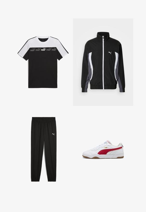 Puma CELLERATOR TRACK JACKET - Letná bunda - black galactic gray; Čierno-biely krátky rukáv bavlnené tričko, s odvážnym grafickým logom PUMA v strede a textúrovaným dizajnom na hrudníku.; Čierne športové nohavice vyrobené z ľahkého materiálu, s elastickým pásom, zužujúcimi sa nohavicami a bielym logom Puma na ľavom stehne.; Biele tenisky s červenými akcentmi, gumovou podrážkou, polstrovaným golierom, koženým a syntetickým zvrškom, s gold logom na boku a textúrovanými detailmi.