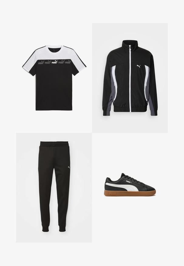Puma CELLERATOR TRACK JACKET - Leichte Jacke - black galactic gray; Schwarz-weiße kurzärmlige T-Shirt aus Baumwolle, mit einem auffälligen PUMA-Logo in der Mitte und einem strukturierten Design auf der Brust.; Schwarze Sporthose mit schmalem Schnitt, elastischem Bund, Seitentaschen und weißen Seitestreifen. Mit einem kleinen Logo auf dem linken Oberschenkel.; Schwarze Leder-Sneaker mit einem weißen Puma-Streifen, brauner Gummisohle und klassischem Schnürdesign. Mit Puma-Logo an der Seite und auf der Zunge.