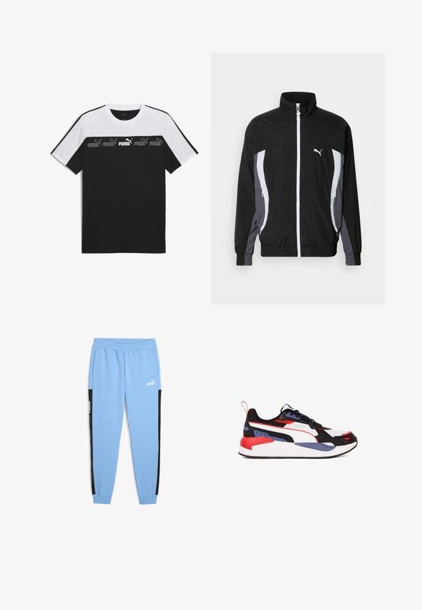 Puma CELLERATOR TRACK JACKET - Chaqueta fina - black galactic gray; Camiseta de manga corta en blanco y negro hecha de algodón, con un logotipo de PUMA en el centro en un diseño gráfico audaz y una textura en el pecho.; Pantalones de chándal azul claro con una cintura elástica, bolsillos laterales y acentos laterales negros con la marca "PUMA" impresa en vertical en blanco.; Zapatilla deportiva de perfil bajo en blanco, negro, rojo y azul con cordones en la parte delantera y suela gruesa acolchada, mostrada de lado.