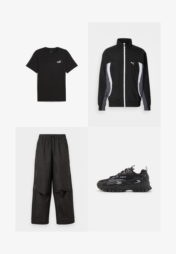 Puma CELLERATOR TRACK JACKET - Let jakke / Sommerjakker - black galactic gray; Sort bomulds t-shirt med korte ærmer og rund halsudskæring. Har et lille hvidt Puma-logo på det øverste venstre brystområde.; Sorte løstsiddende bukser med elastisk taljebånd, frontlommer med lynlås, knæpaneler og subtile reflekterende detaljer på siderne.; Sort sneaker med en overdel i mesh og syntetisk materiale, gummisål, afrundet tå og refleksdetaljer på siderne og snørebåndene.