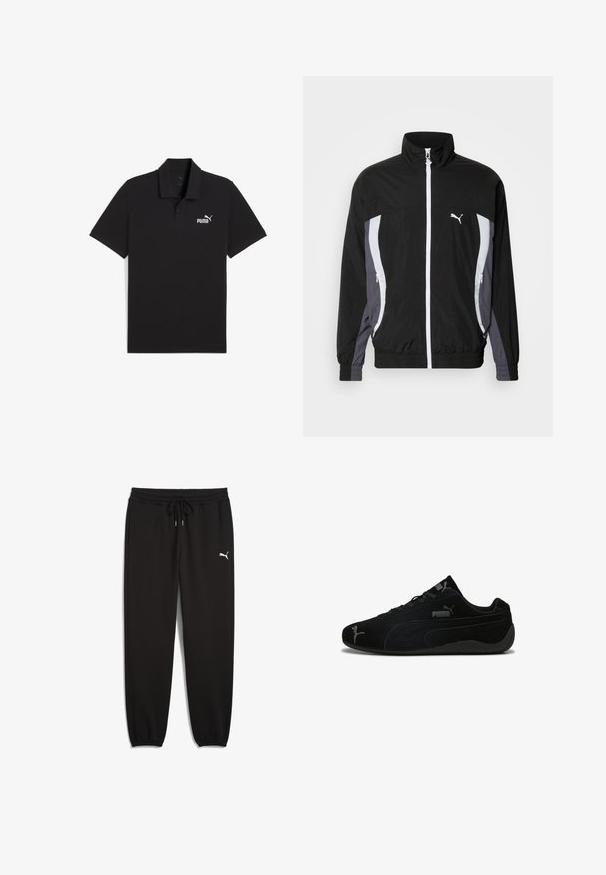 Puma CELLERATOR TRACK JACKET - Suvejakk - black galactic gray; Must must valge polo särk, mis on valmistatud puuvillast, klassikalise kraega, lühikeste varrukatega ja mille vasakul rinnal on valge Puma logo. Sujuv tekstuur.; Mustad mustad, elastse talje, reguleeritav nöör, küljetaskud ja valge logo aktsent vasakul reitel.; Mustad sametist spordijalatsid madala profiiliga. Omavad tekstuurset disaini, musta kummist tallat ja hõbedase Puma logo aktsente.