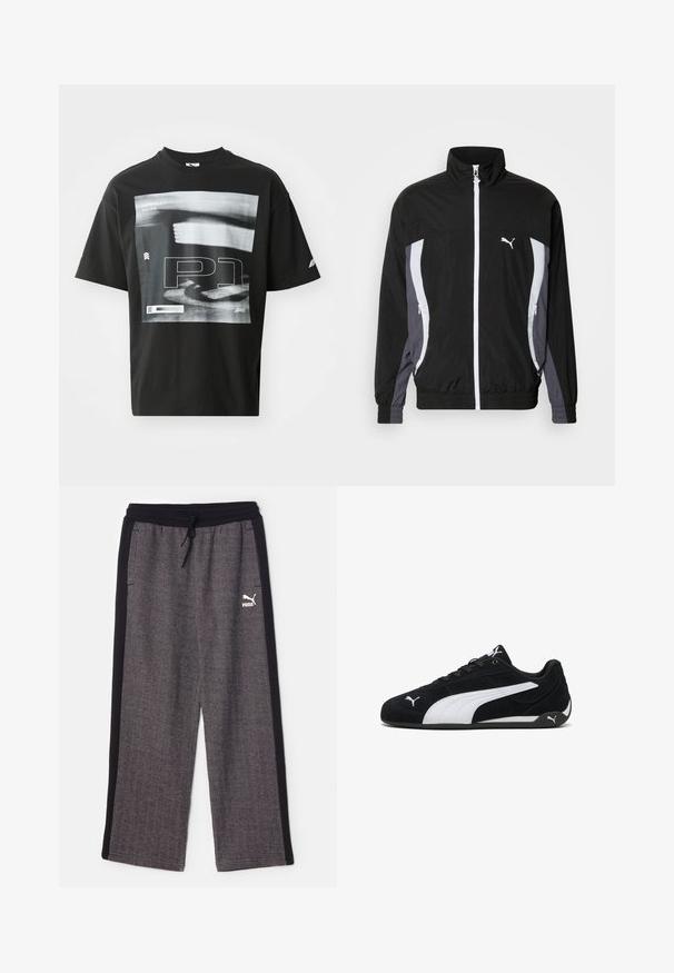 Puma CELLERATOR TRACK JACKET - Chaqueta fina - black galactic gray; Camiseta de algodón negra con un estampado gráfico que incluye elementos de texto, como "FORMULA 1 RACING" y "P1". Cuello redondo y mangas cortas.; Puma RELAXED TRACK PANTS - Pantalones deportivos - black/alpine snow; Zapatillas deportivas de ante negro con una franja lateral blanca, detalles de marca en blanco, suela plana negra y cordones negros.