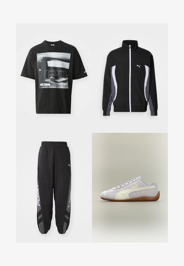 Puma CELLERATOR TRACK JACKET - Let jakke / Sommerjakker - black galactic gray; Sort bomulds T-shirt med grafisk tryk, der inkluderer tekstelementerne "FORMULA 1 RACING" og "P1." Rund hals og korte ærmer.; Sorte joggebukser lavet af blødt materiale. Har elastisk talje, tapered ben, grå detaljer og hvide logoer på siderne.; Lys grå Puma ruskindssneaker med hvid stribedetalje og gummisål, set fra ydersiden mod en neutral baggrund.