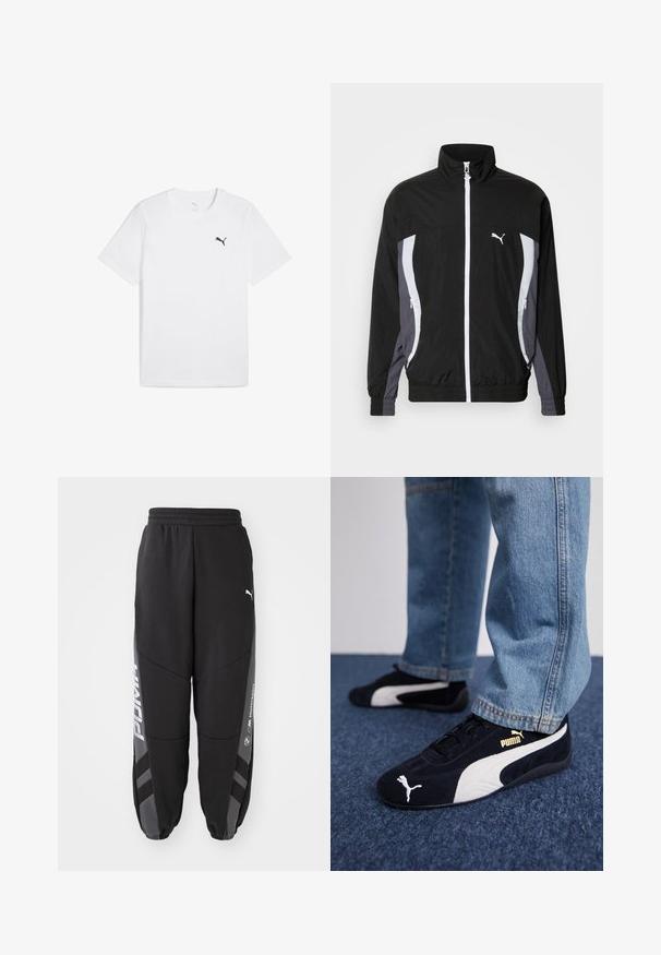 Puma CELLERATOR TRACK JACKET - Let jakke / Sommerjakker - black galactic gray; Hvid bomulds T-shirt med korte ærmer og rund hals, med et lille sort Puma-logo på den øverste venstre bryst.; Sorte joggebukser lavet af blødt materiale. Har elastisk talje, tapered ben, grå detaljer og hvide logoer på siderne.; Sorte ruskinds sneakers med hvide detaljer og et guldlogo. Båret med lyseblå denimjeans og sat på en struktureret blå overflade.