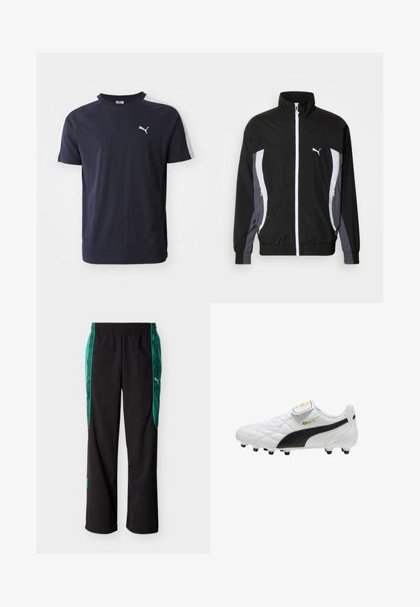 Puma CELLERATOR TRACK JACKET - Let jakke / Sommerjakker - black galactic gray; Mørkeblå kortærmet t-shirt i letvægtsbomuld med hvide raglanærmer og et lille hvidt Puma-logo på brystet.; Sorte atletikbukser med grønne mønstrede sidelommer og en elastisk talje, med en hvid Puma-logo på højre side.; Hvid fodboldstøvle med sort stribe, støbte knopper, snørebånd og en velcro-tungeklap med gyldne logoer.