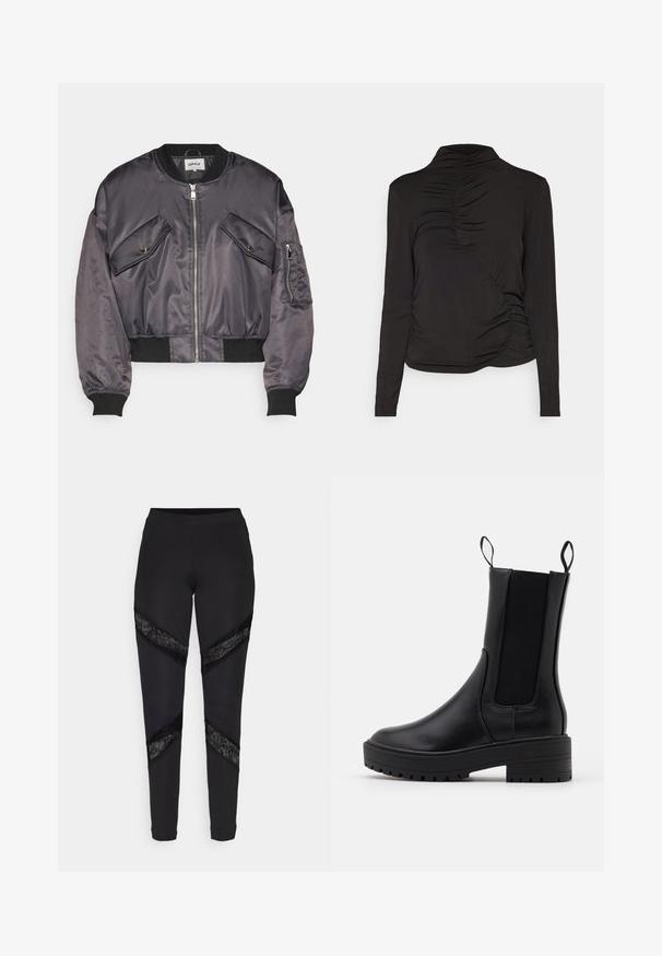 Bomberjacke aus dunkelgrauem Satin, mit zwei Brusttaschen, einem Reißverschluss, gerippten Manschetten und einem gerippten Saum. Glatte, glänzende Textur.; ONLY ONLBEA HIGH NECK RUCHING TOP - Langarmshirt - black; Schwarze Leggings mit dreieckigen Ausschnitten, die an den Seiten mit schwarzer Spitze akzentuiert sind. Sie bestehen aus einem dehnbaren Stoff mit passgenauer Passform.; Schwarze Knöchelstiefel mit einer glatten Lederoberfläche, elastischen Seitenpaneelen, Zuglaschen und einer dicken, strukturierten Sohle für zusätzlichen Grip.