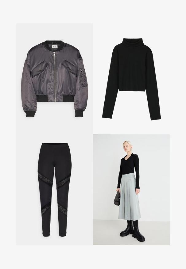 Bomberjacke aus dunkelgrauem Satin, mit zwei Brusttaschen, einem Reißverschluss, gerippten Manschetten und einem gerippten Saum. Glatte, glänzende Textur.; Even&Odd by Zalando Langarmshirt - black; Schwarze Leggings mit dreieckigen Ausschnitten, die an den Seiten mit schwarzer Spitze akzentuiert sind. Sie bestehen aus einem dehnbaren Stoff mit passgenauer Passform.; Schwarzes Langarmoberteil, hellgrauer plissierter Rock mit Doppelverschlussdetails und schwarzen Boots mit dicker Sohle; silberne Handtasche mit Verzierungen.