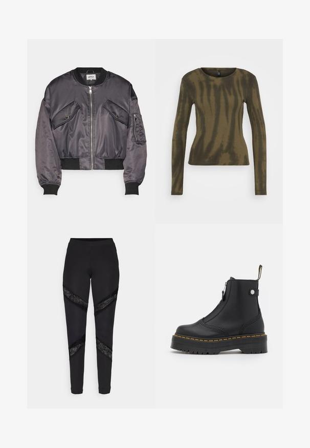 Bomberjacke aus dunkelgrauem Satin, mit zwei Brusttaschen, einem Reißverschluss, gerippten Manschetten und einem gerippten Saum. Glatte, glänzende Textur.; ONLY ONLLAILA TIE DYE - Langarmshirt - black/kalamata; Schwarze Leggings mit dreieckigen Ausschnitten, die an den Seiten mit schwarzer Spitze akzentuiert sind. Sie bestehen aus einem dehnbaren Stoff mit passgenauer Passform.; Schwarze Knöchelboots aus glattem Leder, ausgestattet mit einem seitlichen Reißverschluss, gelben Nähten und einer dicken, geriffelten Gummisohle.