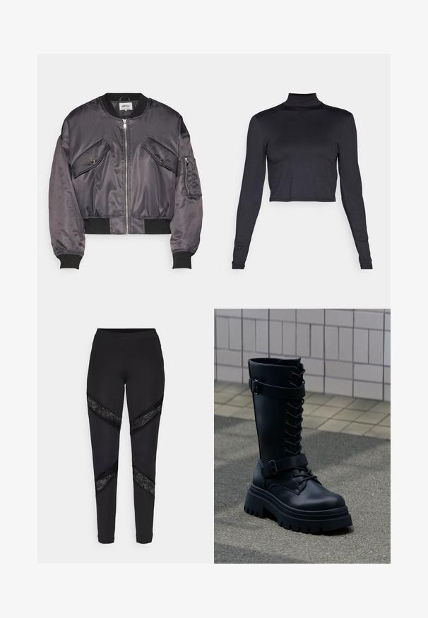 Bomberjacke aus dunkelgrauem Satin, mit zwei Brusttaschen, einem Reißverschluss, gerippten Manschetten und einem gerippten Saum. Glatte, glänzende Textur.; ONLY ONLEA OPEN BACK - Langarmshirt - black; Schwarze Leggings mit dreieckigen Ausschnitten, die an den Seiten mit schwarzer Spitze akzentuiert sind. Sie bestehen aus einem dehnbaren Stoff mit passgenauer Passform.; Schwarzer kniehoher Leder-Kampfstiefel mit dicker Profillsohle, vorderen Schnürsenkeln und zwei verstellbaren Riemen mit Schnallen auf gefliestem Boden und Gehweg-Hintergrund.