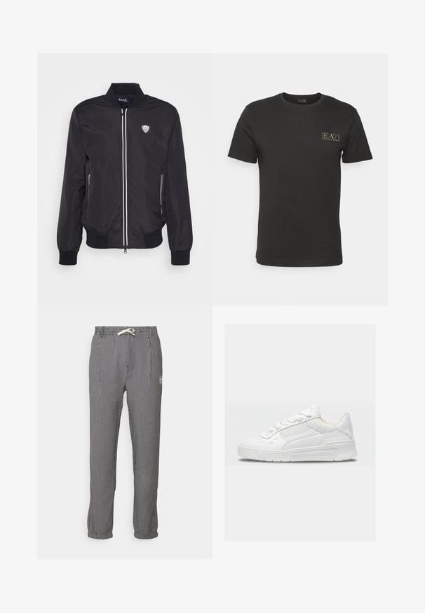 Chaqueta bomber negra hecha de un tejido suave, con cierre de cremallera, detalles en blanco, bolsillos laterales y un parche con el logo en el lado izquierdo del pecho.; Camiseta de algodón negra con mangas cortas, cuello redondo, que presenta un pequeño logo EA7 con acentos dorados en el lado izquierdo del pecho. Textura suave.; Pantalones rayados en blanco y negro, con cintura elástica y cordón, puños ajustados y un pequeño logo en el lateral.; Zapatilla blanca de caña baja con detalles perforados y panel lateral de malla, con suela gruesa y diseño con cordones.