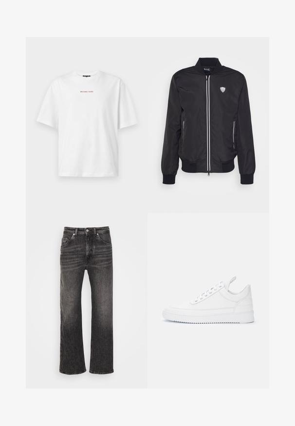 Veste aviateur noire en tissu lisse, dotée d'une fermeture éclair, d'accents blancs, de poches latérales et d'un écusson logo sur la poitrine gauche.; T-shirt blanc à manches courtes avec col rond, avec un petit texte rouge "MICHAEL KORS" centré sur la poitrine.; DRYKORN WAYDE - Jean boyfriend - black; Baskets basses blanches à fermeture lacée, détails surpiqués, languette au talon et semelle crantée sur un fond clair uni.