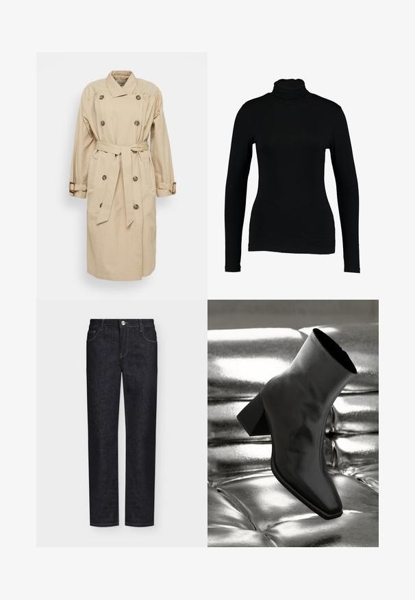 Sofie Schnoor Gabardina - beige; Top negro de manga larga con cuello alto hecho de tela suave, con un diseño ajustado y un cuello alto, adecuado para usar en capas o como prenda independiente.; Vaqueros negros de pitillo recto con bolsillos delanteros, trabillas para cinturón y cierre de botón sobre un fondo liso.; Botín negro de tobillo hecho de material brillante, con punta cuadrada y tacón cónico, contra un fondo plateado brillante con almohadillado.