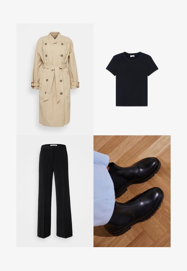 Sofie Schnoor Trenchcoat - beige; Schwarzes T-Shirt mit kurzen Ärmeln und Rundhalsausschnitt, flach auf weißem Hintergrund ausgebreitet.; Schwarze, weite Hosen mit glatter Textur, ausgestattet mit einem taillierten Bund und minimalistischem Design. Keine sichtbaren Muster oder Akzente.; Schwarze Knöchelstiefel aus glattem Leder mit elastischen Seiteneinsätzen, einer strukturierten Gummisohle und kontrastierenden Nähten entlang der Kante.