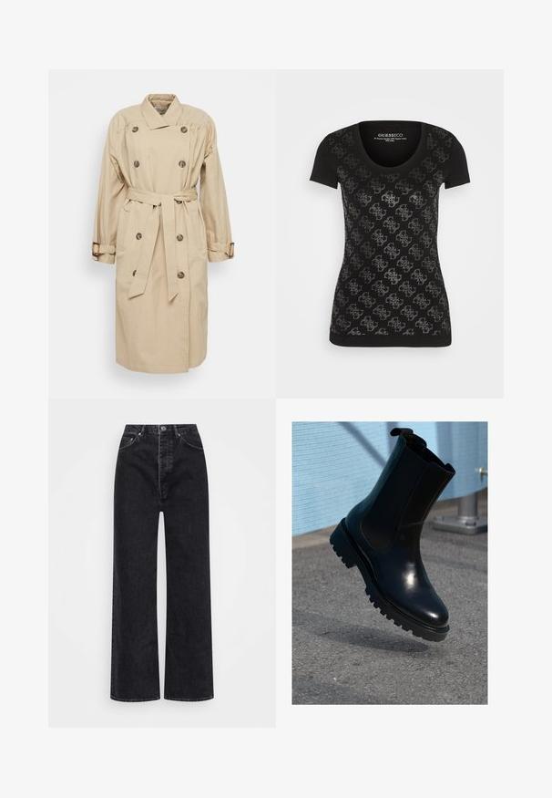 Sofie Schnoor Trenchcoat - beige; Zwarte T-shirt met korte mouwen en een ronde halslijn, voorzien van een herhaald zilveren patroon op de voorkant, gemaakt van een zachte katoenmix.; Zwarte wijde jeans van denim, met een hoge taille, vijf zakken en een rits met knoopsluiting.; Zwarte leren enkellaars met elastische zijpanelen, een afgeronde neus en een dikke, gestructureerde zool. Gladde afwerking met een minimalistisch design.