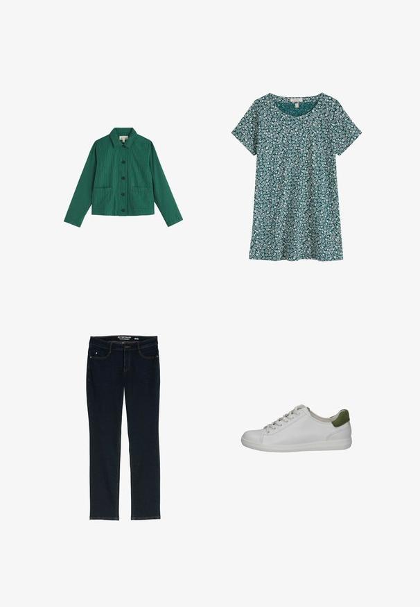 Grønternet jakke lavet af tekstureret stof med krave, forlommer og marineblå knapper. Har lange ærmer og en lige pasform.; Kortærmet T-shirt i blågrøn med hvidt blomstermønster og blade, rund halsudskæring og afslappet pasform.; Mørkeblå lige ben jeans lavet af denim. Har fem lommer, kontrastfarvet orange syning og en linning med mærkets navn.; Hvid lædersneaker med en grøn hæl-accent, rund tå, snørelukning og en tekstureret hvid gummisål. Renset og minimal æstetik.