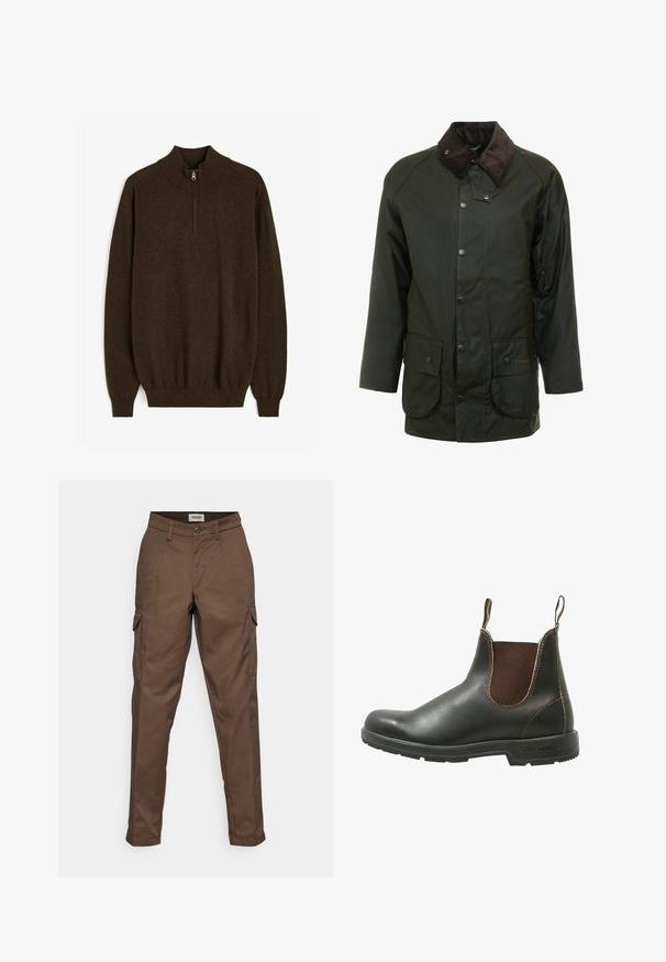 Veste imperméable vert foncé avec un col en velours côtelé, des fermetures à pression et deux poches avant. Design simple avec une coupe droite.; Pull en laine marron avec un col montant, fermeture zippée mi-longue et des poignets et un ourlet côtelés. Présente une texture tricotée lisse.; Pantalons cargo marron avec une taille plate, deux poches latérales et une poche cargo sur la jambe gauche. Fabriqués en tissu durable avec une coupe droite.; Bottines Chelsea en cuir noir lisse avec des panneaux élastiques marron sur les côtés, des coutures contrastantes et une semelle en caoutchouc texturée.