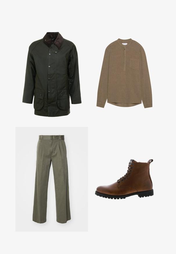 Dunkelgrüne wasserdichte Jacke mit einem Cordkragen, Druckknopfverschlüssen und zwei Fronttaschen. Einfaches Design mit geradem Schnitt.; Langärmliges Hemd mit Knopfleiste aus braunem Textilgewebe. Hat einen runden Ausschnitt, eine Brusttasche und einen geraden Saum. Knöpfe in der Mitte der Vorderseite.; Olivgrüne Hose mit einem lockeren, weit geschnittenen Design und vorderen Falten. Hergestellt aus strukturiertem Stoff mit einem normalen Bund und ohne sichtbare Beschläge.; Braune Lederstiefeletten mit strukturiertem Finish, metallischen Ösen und schwarzer Gummisohle. Mit Zuglasche hinten für einfaches An- und Ausziehen.