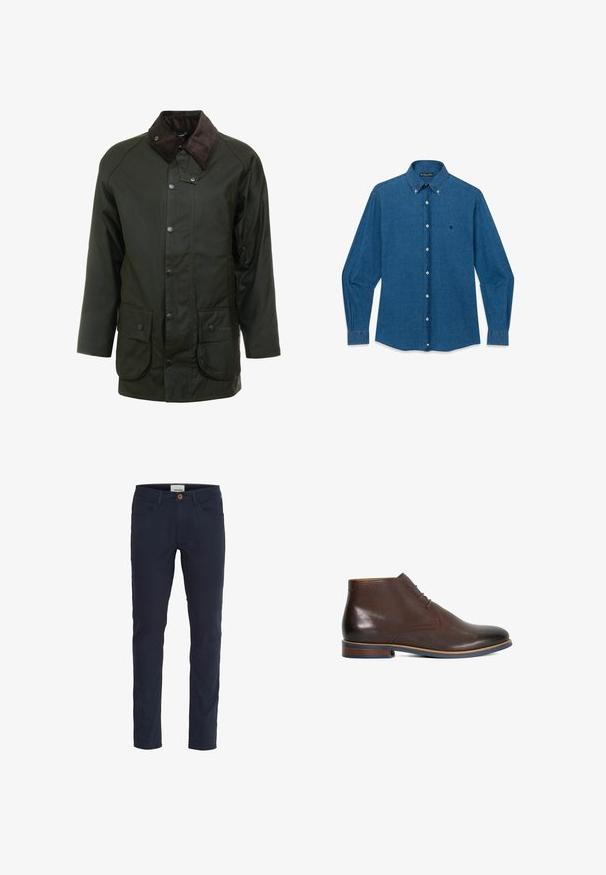 Dunkelgrüne wasserdichte Jacke mit einem Cordkragen, Druckknopfverschlüssen und zwei Fronttaschen. Einfaches Design mit geradem Schnitt.; Blaues Jeanshemd mit langen Ärmeln, durchgehender Knopfleiste, spitzem Kragen und kleinem, gesticktem Logo auf der linken Brust.; Marineblaue Hosen aus einem Baumwollmischgewebe. Slim-Fit-Design mit fünf Taschen, einem Knopfverschluss und einer glatten Textur.; Brauner Leder-Knöchelboot mit drei Ösen, abgerundeter Spitze, gestapeltem Absatz und blau umrandeter Sohle auf weißem Hintergrund.