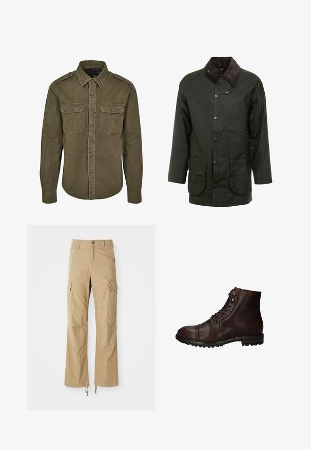 Donkergroene waterdichte jas met een corduroy kraag, drukknopen en twee voorzakken. Eenvoudig ontwerp met een rechte snit.; Olijf groene button-up shirt van katoen. Heeft een kraag, twee borstzakken met kleppen en gestructureerde schouders met zichtbare stiksels.; Khaki cargobroek gemaakt van duurzaam materiaal, met meerdere zijzakken, een rechte pijpdesign en verstelbare koorden aan de zoom.; Donkergrote leren veterschoenen tot de enkels met een robuuste rubberen zool en metalen veters, gezien vanuit de buitenzijde.