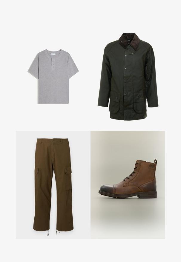 Veste imperméable vert foncé avec un col en velours côtelé, des fermetures à pression et deux poches avant. Design simple avec une coupe droite.; T-shirt henley gris côtelé à manches courtes avec col rond et trois boutons sur la patte de boutonnage, posé à plat sur fond blanc.; Pantalon cargo marron à jambes droites avec poches à rabat sur les cuisses, fermeture par bouton et zip, passants de ceinture et cordons ajustables aux ourlets.; Botte cheville en cuir marron à lacets avec bout noir, semelle ronde et détail de marque sur le côté sur fond uni.