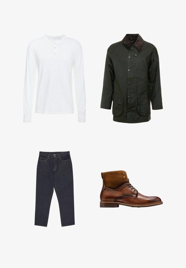 Veste imperméable vert foncé avec un col en velours côtelé, des fermetures à pression et deux poches avant. Design simple avec une coupe droite.; Chemise henley à manches longues blanche en tissu léger, avec un col rond, une patte de boutonnage à trois boutons et des poignets ajustés.; Jean en denim bleu foncé avec jambes droites, poches avant, passants pour ceinture et coutures visibles sur fond blanc.; Kazar ALID - Bottines à lacets - brown