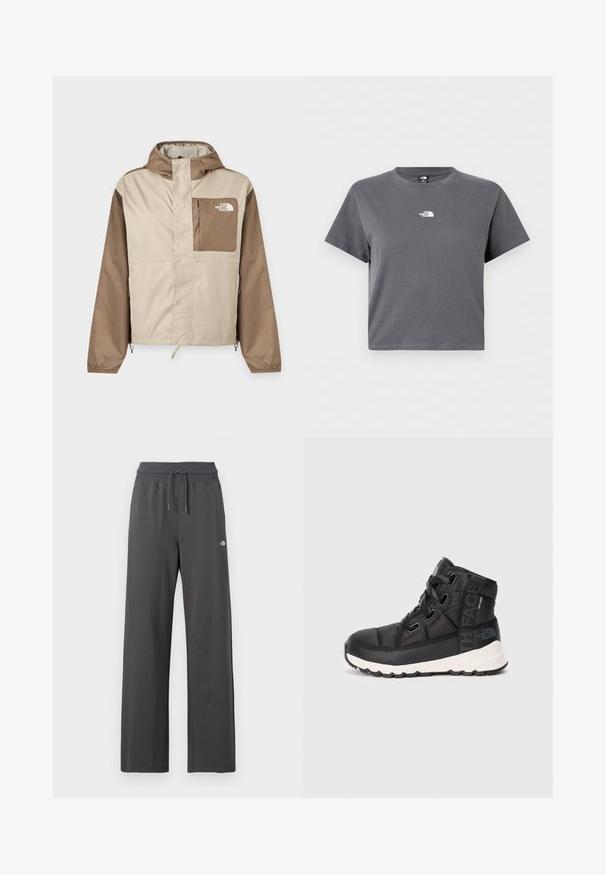 Lichtbeige en bruine jas met kap en een volledige rits aan de voorkant, en een bruine borstzak met het logo van The North Face aan de rechterkant.; Korte mouwen, grijs cropped t-shirt met ronde hals en een klein wit The North Face-logo gecentreerd op de borst.; Donkergrijze sweatpants met wijde pijpen, voorzien van een geribbelde elastische tailleband en een trekkoord, met een klein wit logo op de rechterdij.; Zwarte mid-top wandelschoenen met een gestructureerde afwerking, verstelbare veters en een witte rubberen zool. Heeft merkbranding aan de zijkant.