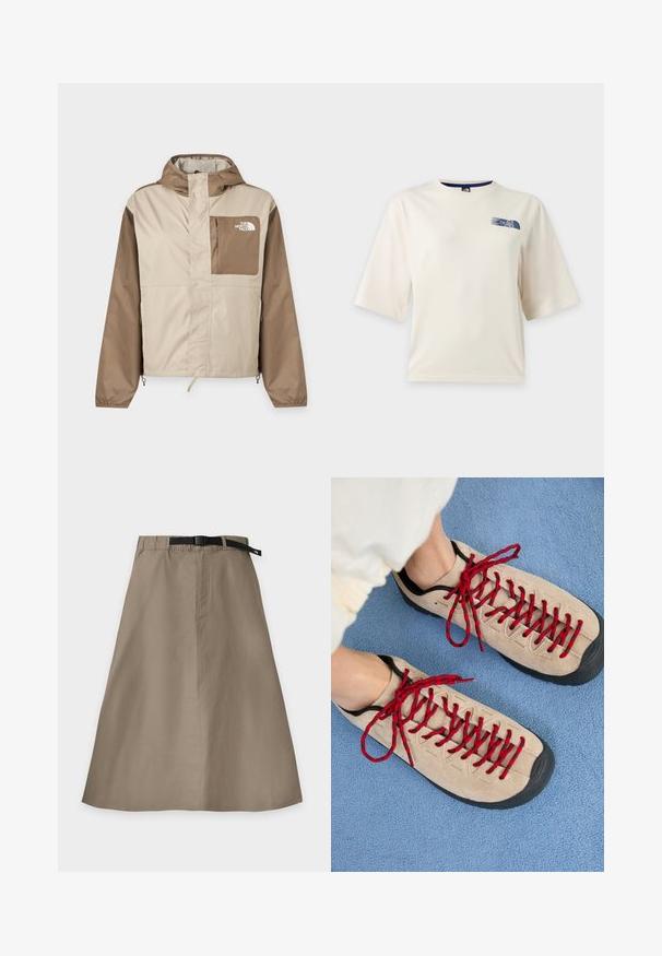 Lichtbeige en bruine jas met kap en een volledige rits aan de voorkant, en een bruine borstzak met het logo van The North Face aan de rechterkant.; Wit T-shirt met korte mouwen met een klein blauw The North Face-logo op de bovenste linkerborst.; Beige A-lijn rok met ingebouwde zwarte verstelbare riem en zichtbare voornaad, plat neergelegd op een witte achtergrond.; Beige schoenen met rode veters, geplaatst op een blauwe, gestructureerde ondergrond, onthullen gedeeltelijk de enkel van een persoon. De schoenen hebben een sportief ontwerp.